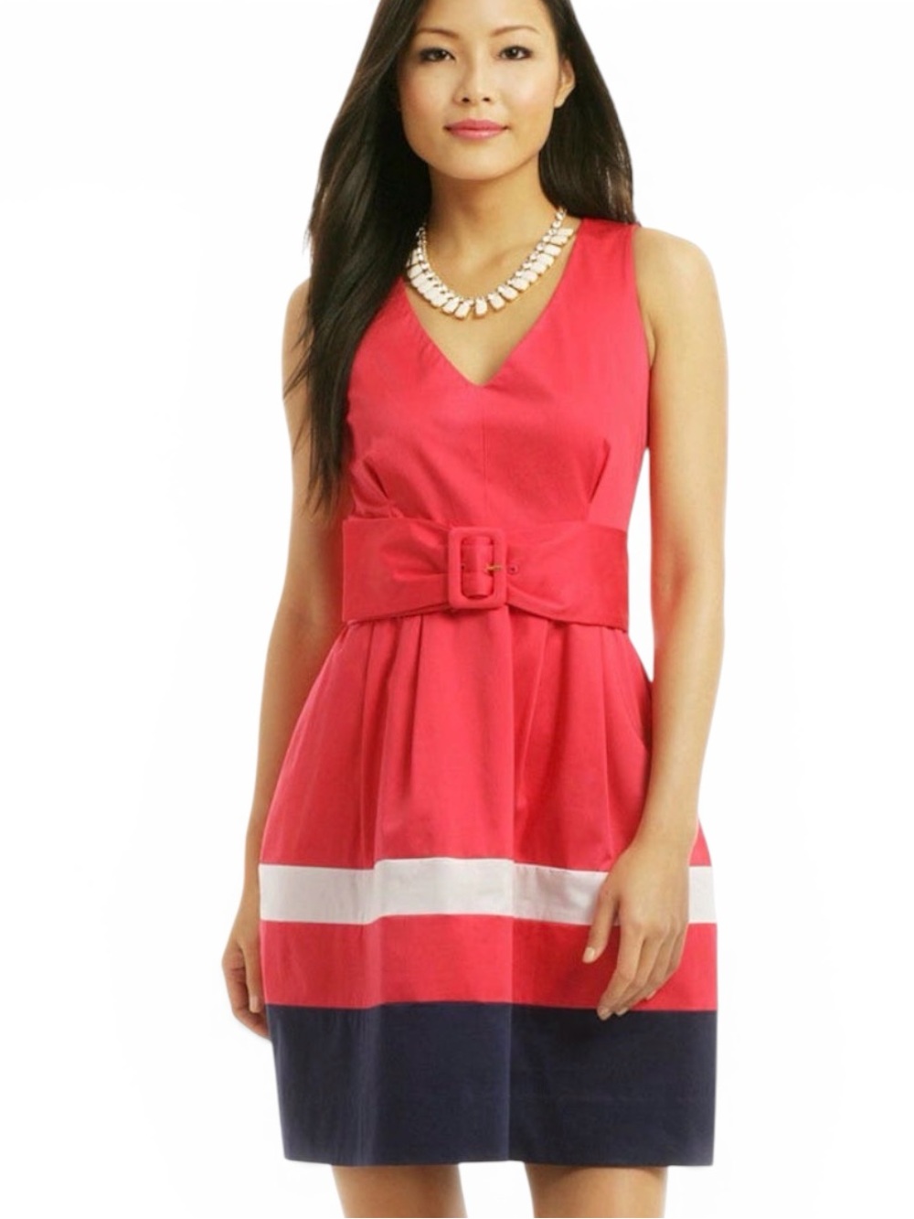 Kate Spade Sawyer Belted Colorblock Dress Pink/Red White Navy Stripe Fit Flare 6